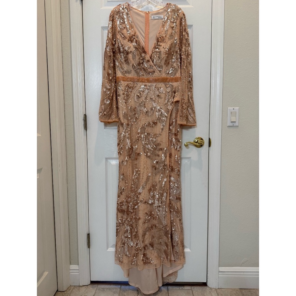 Mac Duggal 5222 Pink Sequined Faux Wrap Split Long Sleeve Gown Size 10 NWOT - Picture 4 of 10